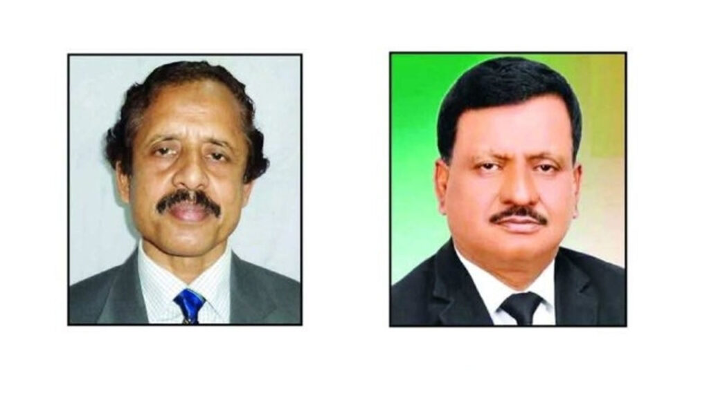 বাঁয়ে আওয়ামী লীগ সমর্থিত প্যানেলের শহীদুল আলম ও ডানে বিএনপি সমর্থিত প্যানেলের আমিনুল ইসলাম রতন